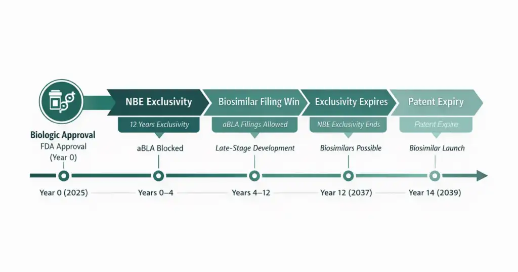 NBE exclusivity timeline showing biologic approval, biosimilar filing window, exclusivity expiry, and patent protection period
