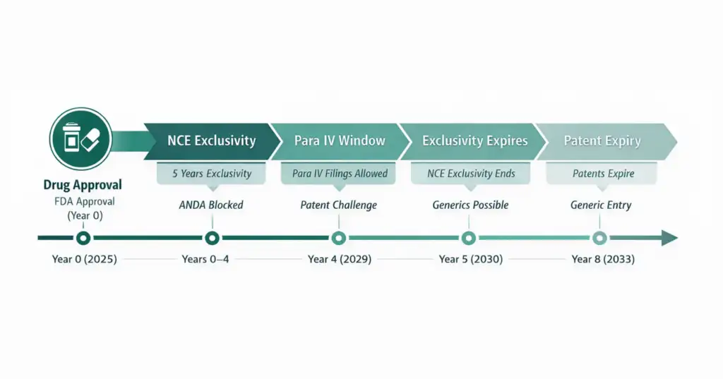 NCE exclusivity timeline showing FDA approval, Para IV filing window at year 4, exclusivity expiry, and patent expiry