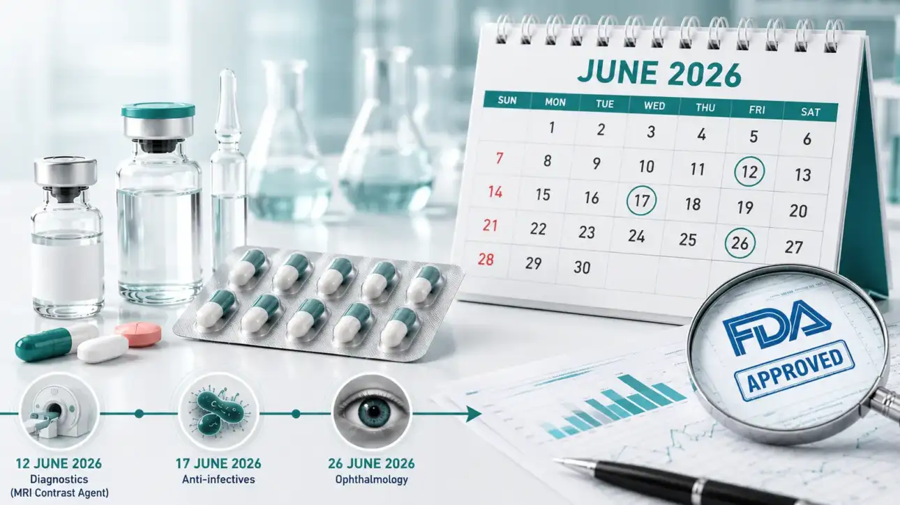June 2026 FDA drug approvals timeline showing MRI contrast agent, anti-infective, and ophthalmology approval dates
