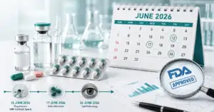 June 2026 FDA drug approvals timeline showing MRI contrast agent, anti-infective, and ophthalmology approval dates