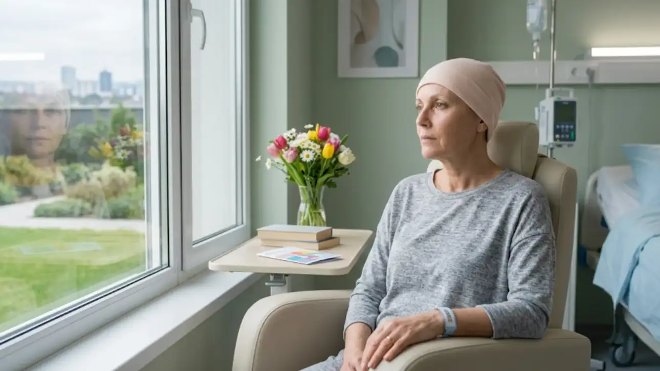 Woman with head scarf sitting in chemotherapy infusion chair by hospital window, representing breast cancer treatment with ORSERDU (elacestrant)
