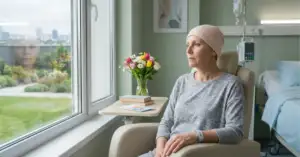 Woman with head scarf sitting in chemotherapy infusion chair by hospital window, representing breast cancer treatment with ORSERDU (elacestrant)
