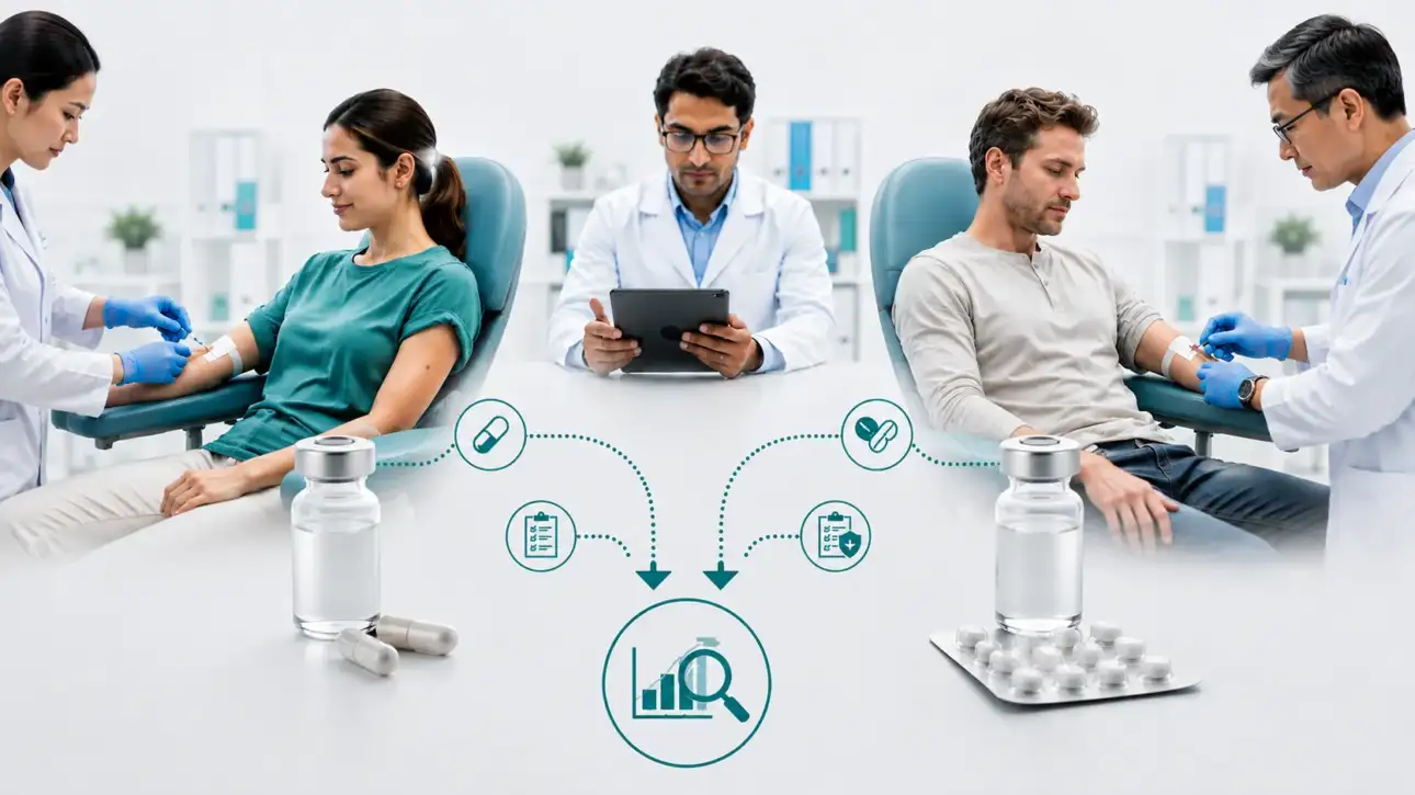 Controlled clinical trial with two patient arms receiving comparator and investigational drug while a clinician records outcome data