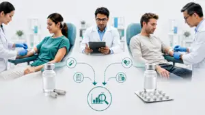Controlled clinical trial with two patient arms receiving comparator and investigational drug while a clinician records outcome data