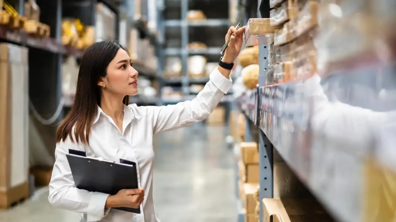 Clinical trial supply professional reviewing pharmaceutical inventory in a warehouse