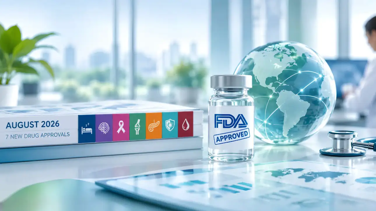 FDA approved stamp on vial representing August 2026 drug approvals