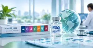 FDA approved stamp on vial representing August 2026 drug approvals