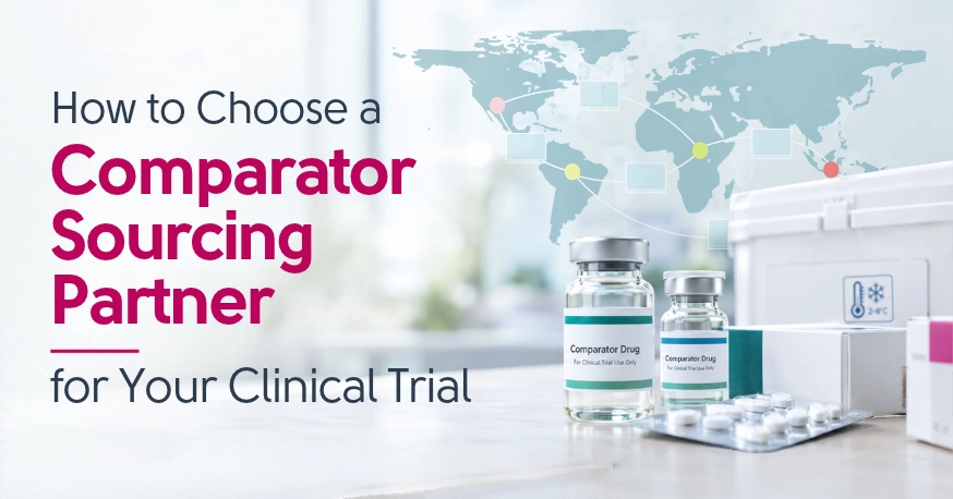 Comparator drug vials for clinical trial use beside a 2–8°C cold chain shipper and a world map of global sourcing routes