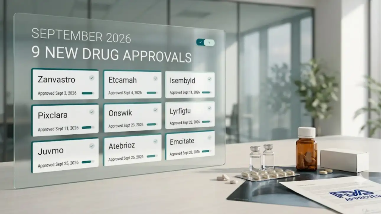 September 2026 FDA drug approvals: 9 new drugs including Zanvastro, Etcamah, Onswik, Juvmo and Emcitate with approval dates